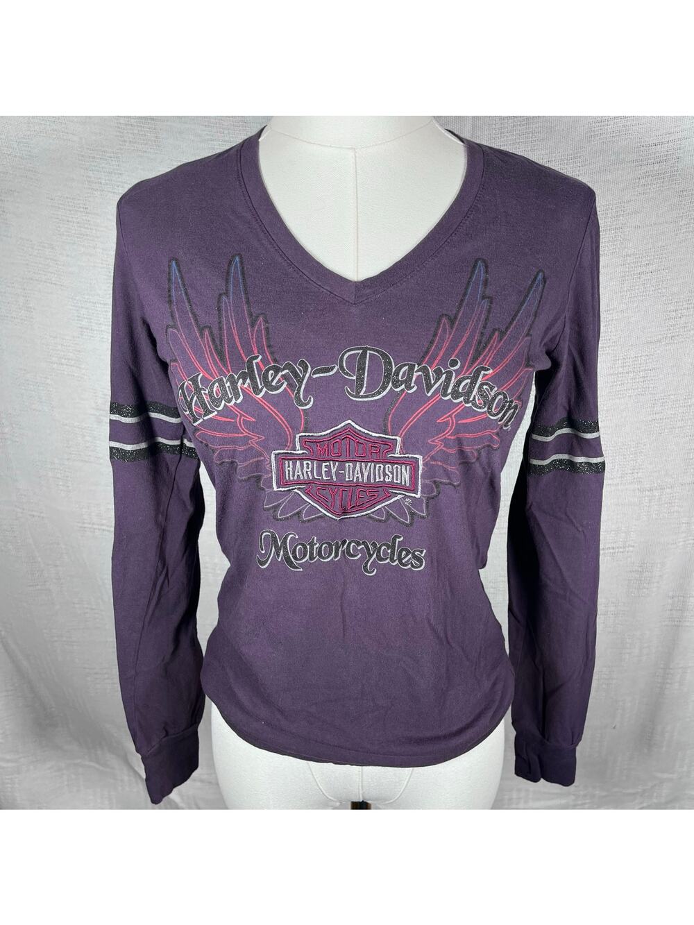 Y2K Girly Purple & Sparkly Harley Davidson Form Fitting V-Neck Longsleeve Size S